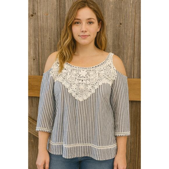 Vintage American chambray cold shoulder lace yolk 3X plus blouse relaxed EUC - Picture 1 of 8